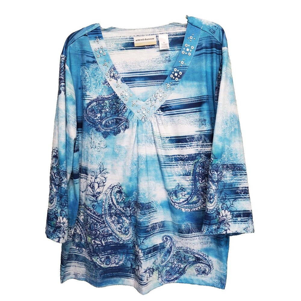 Alfred Dunner Woman Studded Blue Striped Paisley V-Neck Knit Top Size 3X